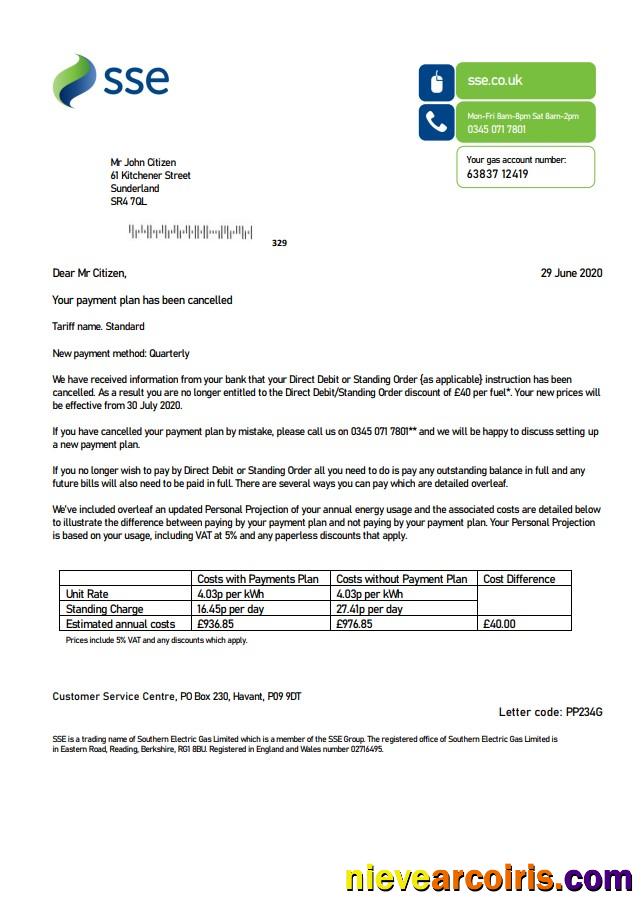 United Kingdom SSE Energy utility bill version 1